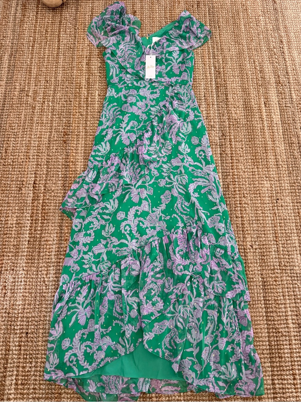 Lilly Pulitzer Green and Lavender Floral High-Low Maxi Dress